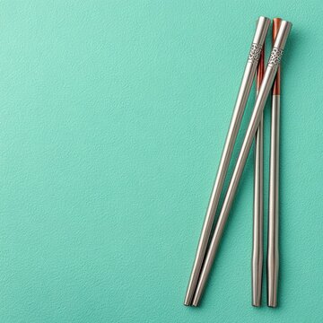 A close up shot of three silver chopsticks with orange tips arranged on a teal textured surface.