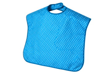 Blue adult bib clothing protector with crumb catcher pocket isolated on a transparent background