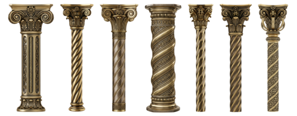 Assortment of six distinct golden architectural columns ranging from thin supports to thick textured pillars, ideal for temple or palace construction kits.