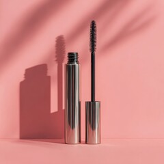 Obraz premium A silver mascara tube and wand are placed on a pink background with shadow patterns resembling leaves.