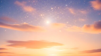 Ethereal sky at sunrise or sunset, featuring a celestial light source amidst a soft, whisked tapestry of pastel clouds and twinkling stars, creating a tranquil, dreamy vista