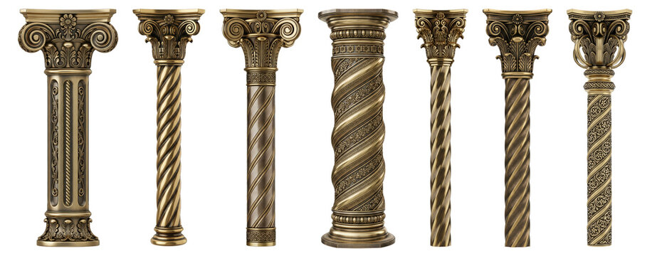 Assortment of six distinct golden architectural columns ranging from thin supports to thick textured pillars, ideal for temple or palace construction kits.