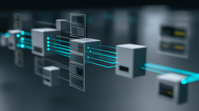 A futuristic network of interconnected server units, showcasing the complex architecture of modern data infrastructure, illuminated with futuristic neon lines. 