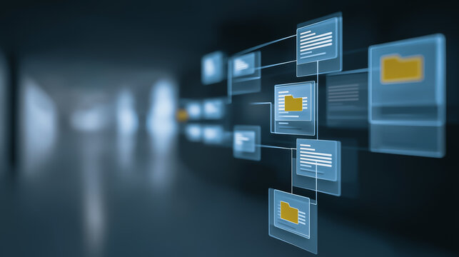 Digitized data flows seamlessly across a futuristic digital interface, files and folders float in an ethereal network. representing the evolution of information in a clean design.