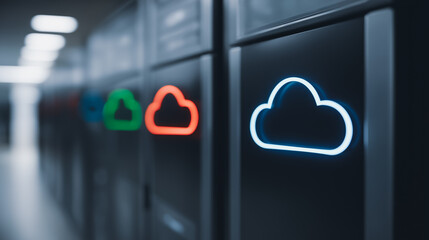 Illuminated cloud symbols on modern server racks, showcasing the dynamism of cloud computing technology.