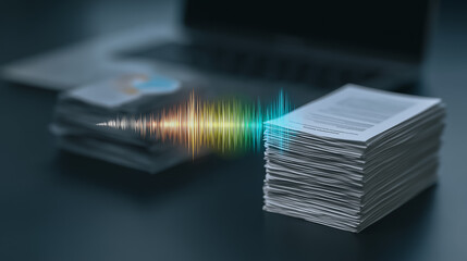 A stack of documents with an audio spectrum. A conceptual photo depicting the digitization of documents with audio visualization.