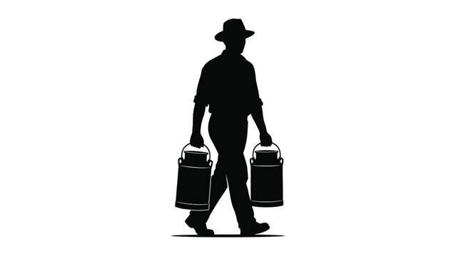 Silhouette of a farmer wearing a hat walking while carrying two traditional milk cans by their handles