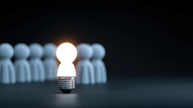 Creative light bulb symbolizing innovative ideas surrounded by generic figures representing conventional thinking and traditional mindsets in darkness