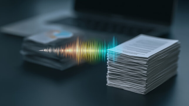 A stack of documents with an audio spectrum. A conceptual photo depicting the digitization of documents with audio visualization.