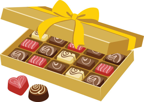Assorted chocolates in a yellow box with a bow