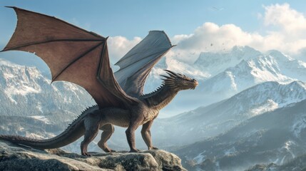 A dragon looks over a vast landscape perched on a rocky surface. Snow capped mountains rise in the background under a clear sky. The scene captures a moment of alertness in nature.