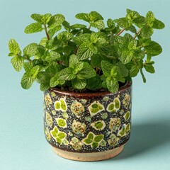 A small, leafy green mint plant thrives in a vibrant, hand painted ceramic pot featuring a mosaic like pattern of green, white, and brown.