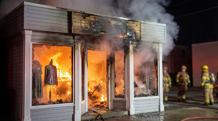 Boutique retail store fire damage disaster illustrating commercial property destruction inventory loss business interruption requiring emergency response insurance claim recovery reconstruction