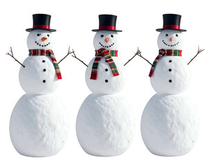 Three cheerful snowmen in hats and scarves on white