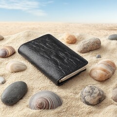 A black sequined clutch bag rests on a sandy beach, adorned with various smooth stones and seashells. The background features a clear blue sky.