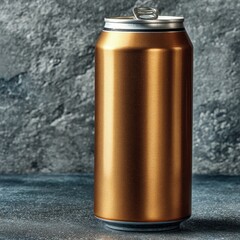 A glittery copper colored drink can with a metallic silver pull tab sits on a dark speckled surface against a dark gray stone background.