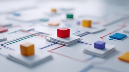 Colorful geometric shapes and interconnected layers on a white surface representing digital networking and dynamic data visualization concepts