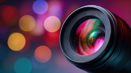 Professional camera lens capturing the essence of light with colorful bokeh effect and vibrant reflections