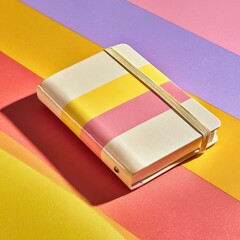 A glittery gold yellow and pink striped notebook diary with a gold elastic band rests on a vibrant background of diagonal stripes in yellow pink and orange.