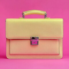 A detailed close up of a shimmering golden briefcase featuring a structured design and metallic silver hardware set against a solid, bright pink backdrop.