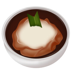 Illustration of a bowl of delicious Porridge Sumsum or Bubur Sumsum with brown sugar sauce. Traditional Indonesian dessert.