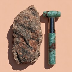 A shimmering green jade facial roller sits beside a dark, textured rock on a soft peach colored surface.