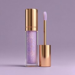 A close up product shot of a shimmering lavender lip gloss with gold accents.