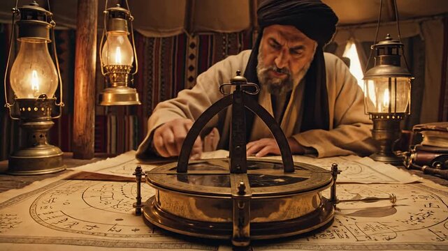 An ancient scholar carefully adjusts a polished brass astrolabe under lantern light, surrounded by celestial charts and books, embodying scientific inquiry.