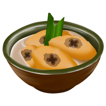 Illustration of a bowl of banana compote or Kolak Pisang. A typical Indonesian dessert made from coconut milk and palm sugar. In Indonesia, kolak is a popular iftar dish.