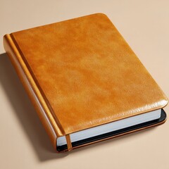 Close up of a glittering orange journal with a white page edge and black bookmark, set against a plain beige backdrop, illuminated by soft studio lighting.