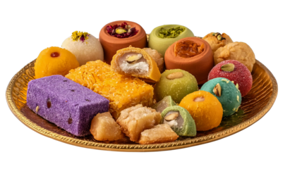 Assortment of colorful Indian sweets on platter isolated on a transparent background
