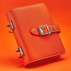 A close up shot of a textured orange journal with a shiny metallic finish and a central buckle closure, set against a solid vibrant orange background.