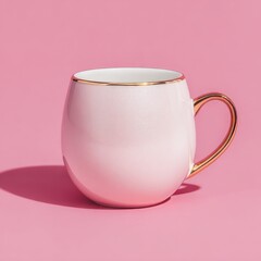 A glittery pink mug with a golden handle sits on a pink surface.