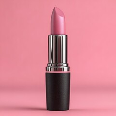 A close up product shot of a pink lipstick with a sparkling top and a black glittery case against a soft pink backdrop.
