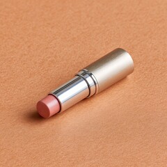 Close up of a shimmering pink lipstick with a glittery tip and a textured silver cap resting on a textured rose gold surface.