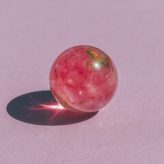 A single glittering pink sphere sits on a lilac textured background, casting a distinct shadow with a sunburst effect.