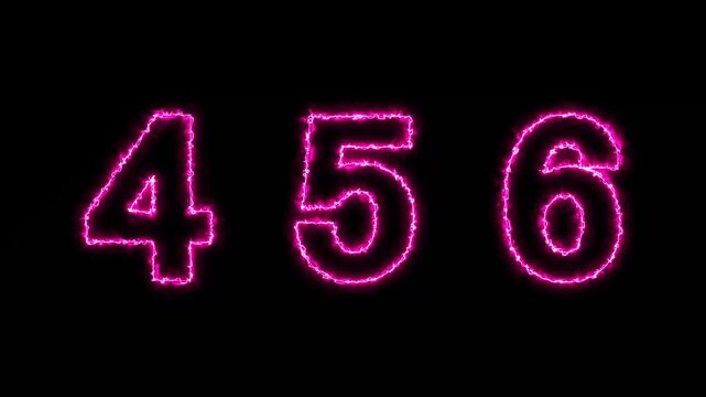 neon numbers text animation 4-6 number. numbers shimmer on a black background. neon text 456 number countdown icon on black background.