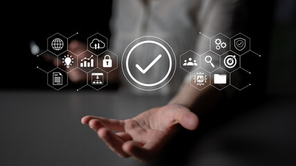 A digital interface showcases various technologies and data analytics concepts, with a hand reaching out, symbolizing innovation, connectivity, and business progression. Gantry