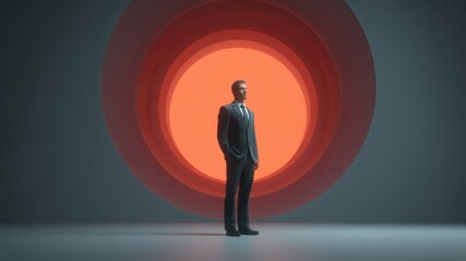 Obraz premium Businessman in a Suit Standing Confidently in Front of an Abstract Circular Orange Background, Symbolizing Ambition and Success in Modern Workspace