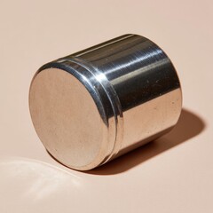 A close up studio shot of a cylindrical container with a metallic silver finish and fine glitter accents, casting a soft shadow on a smooth peach surface.