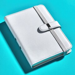 A high angle studio shot of a sparkling white notebook with a silver elastic band closure positioned on a vibrant cyan background. The lighting casts a subtle shadow.