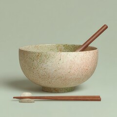 A close up studio shot of a speckled ceramic bowl with wooden chopsticks resting on a chopstick holder, set against a light green backdrop.