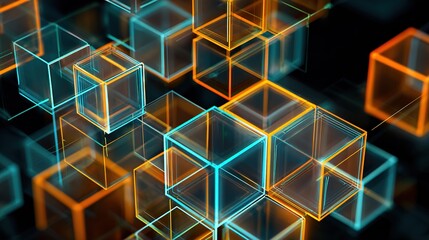 Abstract digital network of glowing transparent cubes representing data and technology