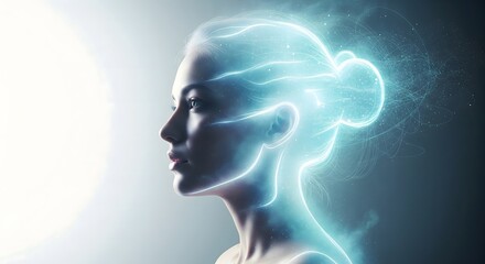 Obraz premium Woman's profile with glowing blue energy streams and particles, symbolizing artificial intelligence, mind power, and futuristic technology.
