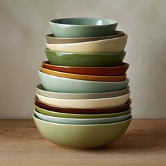 A collection of ten ceramic bowls in varying sizes and earth tones, stacked neatly.