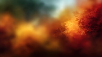 Fototapeta premium A dense forest showcases a mix of vibrant orange red and yellow leaves on trees. Sunlight filters through branches highlighting the beauty of the season.