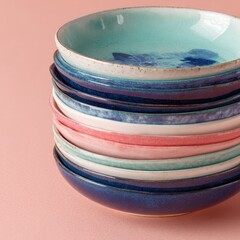 A close up shot of a stack of various ceramic bowls in shades of blue pink and teal with speckled glaze and golden rim sitting on a pink textured surface.