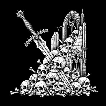 A pile of skulls and bones with a sword piercing through them.