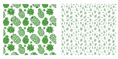Green hop cones and leaves pattern a botanical illustration split into two sections