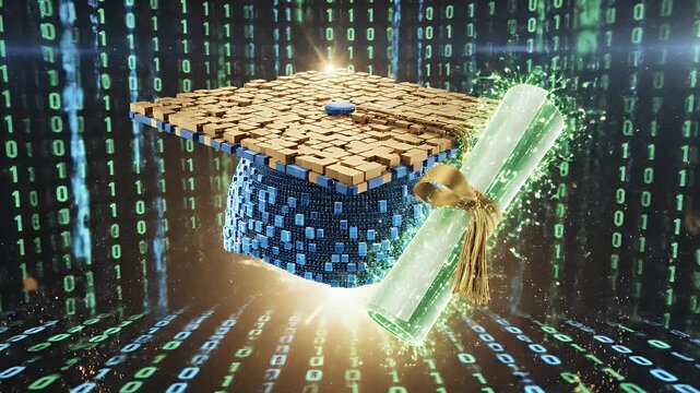 Digital Graduation Concept - An artistic video of a pixelated graduation cap and diploma scroll are featured in the foreground, symbolizing digital learning and education in the technology sector.